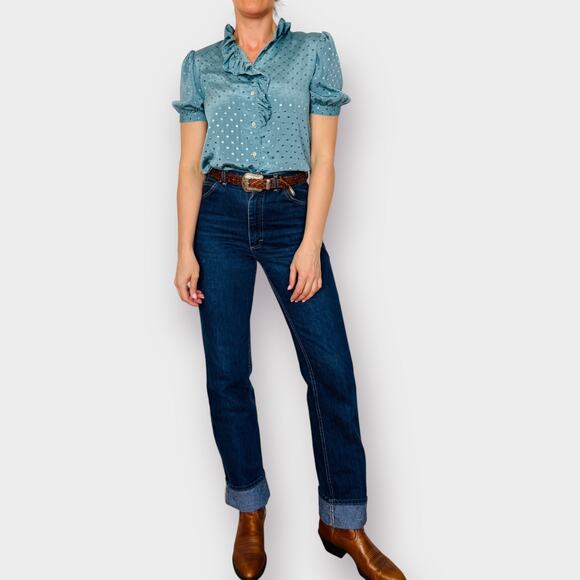 80s Blue Short Sleeve Ruffle Blouse Size M - Picture 4 of 5